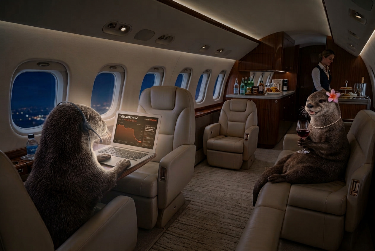 Two otters on a private jet: one in a headset watching GloboChem's share price crash on his laptop, the other with a flower, pearls and a glass of red wine